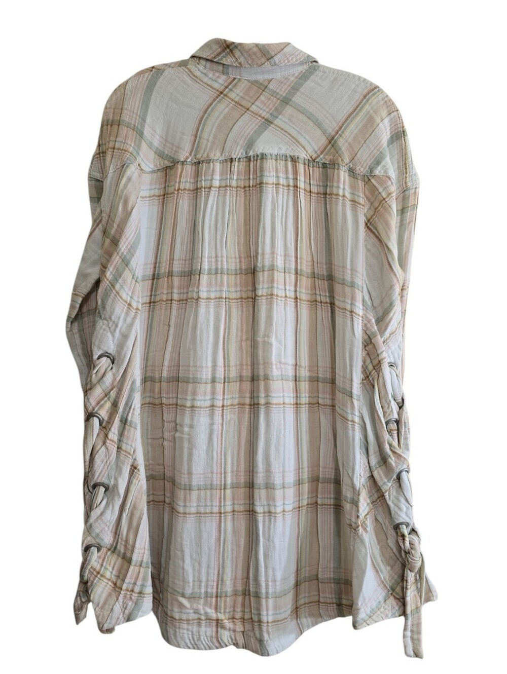 Free People Nordic Day Gauze Plaid Lace-up Side Tunic Top Small Cream Combo - Picture 7 of 10